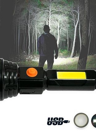 Ручной фонарик аккумуляторный с cob "panther pt-8916b" черный, светодиодный фонарь переносной
