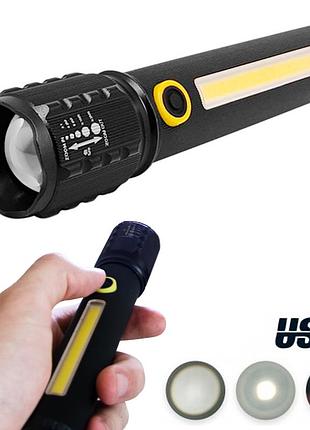 Светодиодный фонарь ручной "bl-c72-p50 cob" черный, usb фонарик аккумуляторный (ліхтарик акумуляторний)