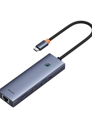 Usb hub baseus flite 7-port type-c to hdmi4k 60hz*1+usb3.0*2+pd*1+rj45*1+sd/tf3.0*1 сірий (b00052805813-00)