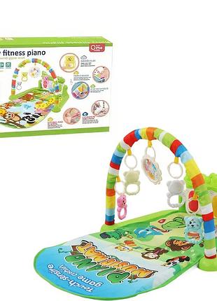 Игровой детский коврик с музыкальным пианино, подвесными игрушками, принт животные зеленого цвета