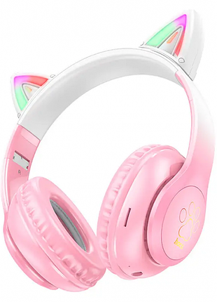 Наушники hoco w42 cat ear bluetooth с кошачьими ушками и led подсветкой розовые с белым