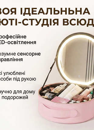 Портативный органайзер для косметики с led xl-1643 зеркалом и сенсорной подсветкой beauty travel case