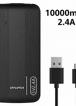 Повербанк awei p20k 10000mah 2.4 a 12w чорний, портативна зарядка для телефона, зовнішній акумулятор power bank