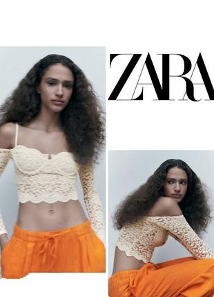 Кремовый кружевной топ с длинными рукавами zara (молочный / экрю, размер s)