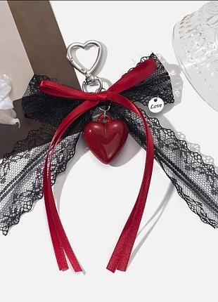 Готичний брелок-підвіска «red velvet heart» (червоний бант та мереживо)