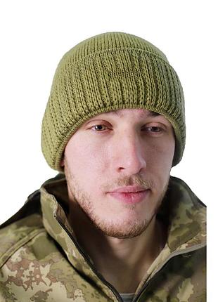 Шапка вязанная тактическая для военных и всу, теплая непродуваемая шапка с отворотом анатомическая хаки
