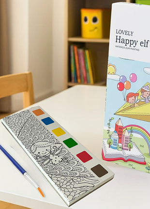 Альбом для раскрашивания с акварельными красками "happy elf" раскраска с кисточкой для творчества