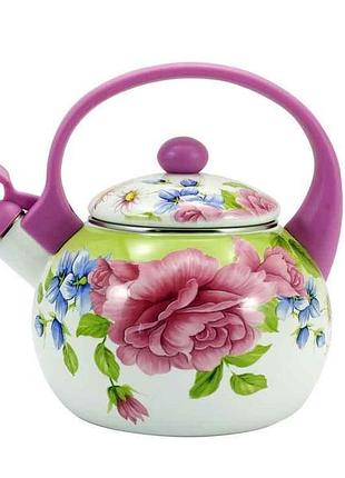 Чайник зі свистком 2,2л пластикова ручка ft7 pink handle півонія тм interos