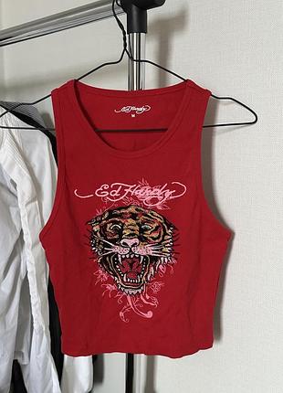 Яскраво червона майка з стразами ed hardy y2k
