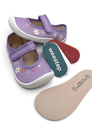 Анатомічні тапочки для дівчини, виробник weestep, бузкові з білою підошвою і ніжними квітами, розміри 25-32, текстильні, шкіряна пом'якшена устілка