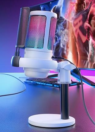 Микрофон для пк и ноутбука me6s настольный для стриминга с rgb-подсветкой usb ,шумоподавлением, кардиоидной диаграммой,белый
