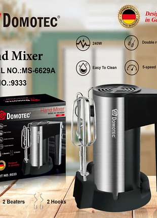 Ручной миксер domotec ms-6629a 240 вт 5 скоростей двойные венчики + турбо режим