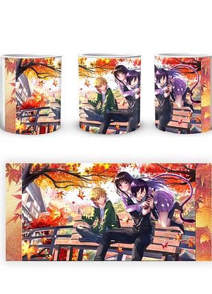 Кружка geekland noragami бездомный бог юкине, хиёри, ято с бутылкой осенью сидят на скамейке nrg 02.003