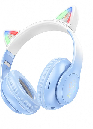 Наушники hoco w42 cat ear bluetooth с кошачьими ушками и led подсветкой голубые с белым