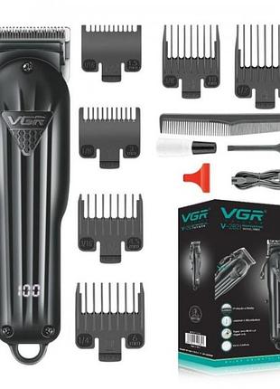 Профессиональная машинка для стрижки беспроводная аккумуляторная led-дисплей vgr v-282 черная + 6 насадок