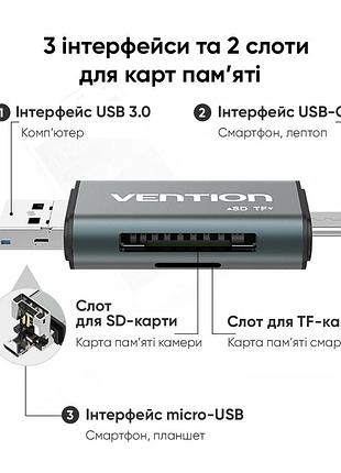 Кардрідер vention usb3.0 multi-function card reader gray metal type (cchh0) 4