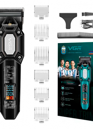 Аккумуляторная машинка для стрижки vgr v-600, 6 насадок, регулятор высоты, 7000 rpm, led дисплей черная