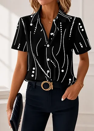 Блузка женская с коротким рукавом 🖤 свободный крой и абстрактный принт 👔 shein ✨ летняя рубашка с воротником