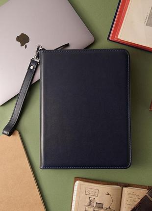 Шкіряна папка для документів "сімейна" на блискавці преміум темно-синя