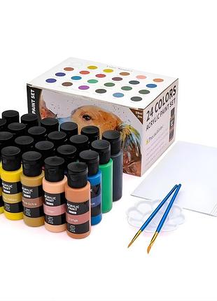 Набір акрилових фарб acrylic paint set 24 пляшки по 59 мл, папір для малювання, палетка та пензлики 2 штуки