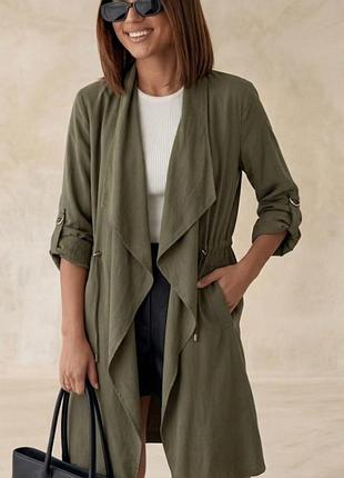 Тренч женский легкий плащ оливковый без застежки zara