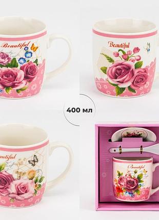 Кружка з блюдцем та ложечкою "beautiful", 400 мл * рандомний вибір дизайну elisey