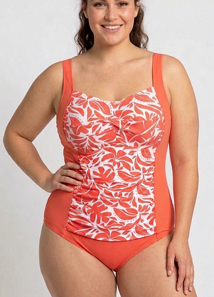Яскравий суцільний купальник plus-size з рослинним принтом