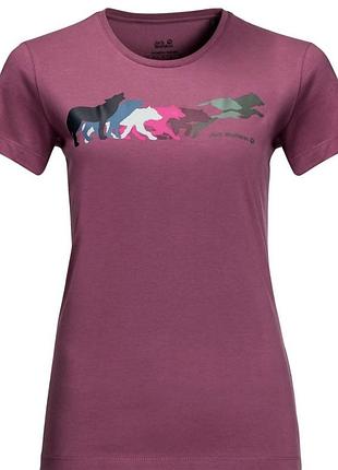 Женская спортивная футболка jack wolfskin rainbow wolf t w в фиолетово-розовом оттенке, размер s