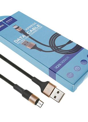 Кабель hoco x26 xpress usb to micro 2a, 1m, nylon, aluminum connectors, black/gold