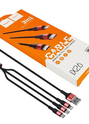 Кабель hoco x26 xpress usb для microusb, lightning, type-c, black/red