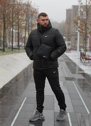 Комплект чоловічий nike: куртка зимова "frost" чорна + штани з тринитки утеплені чорні. барсетка та рукавички у подарунок! #