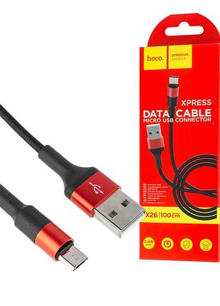 Кабель hoco x26 xpress usb to micro 2a, 1m, nylon, aluminum connectors, black+red