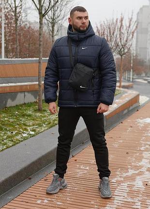 Комплект мужской nike: куртка зимняя "frost" синяя + брюки из трехнитки утепленные черные. борсетка и перчатки в подарок!