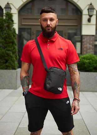 Комплект мужской tnf: поло красное + шорты черные + борсетка черная