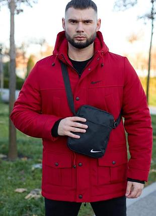 Комплект чоловічий nike: парка зимова червона + штани з тринитки утеплені чорні. барсетка та рукавички у подарунок! #