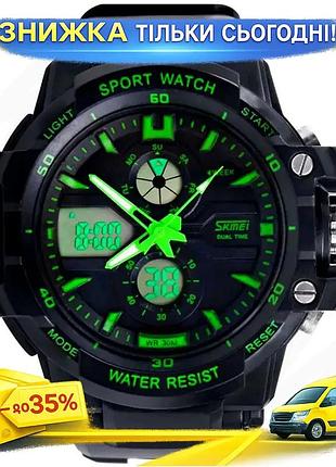 Мужские спортивные часы skmei 0990 resist черные с зеленым кварцевые часы с будильником и подсветкой для ku-22