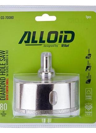 Alloid. свердло корончасте алмазне для скла та кераміки 80 мм з центрувальним свердлом