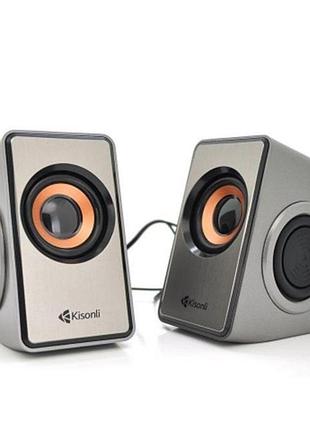 Колонки для пк и ноутбука kisonli t-007 multimedia speaker 4 баса usb - 2.0 / aux 3.5mm, мощностью 2x3w grey