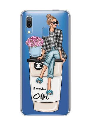 Прозрачный чехол на samsung galaxy a30 (2019)/a20 (2019) девушка на кофе (принт 228)