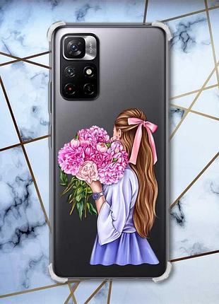 Чохол з потовщеними кутами на xiaomi redmi note 11 5g дівчина з півоніями (принт: 11)