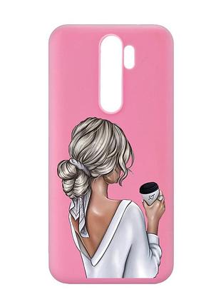 Матовый розовый чехол на xiaomi redmi note 8 pro девушка с латте (принт 227)