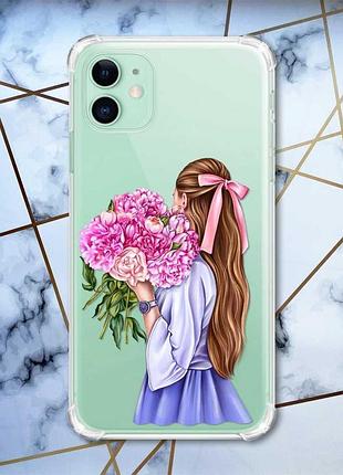 Чохол з потовщеними кутами на apple iphone 11 (6.1) :: дівчина з півоніями (принт 11)