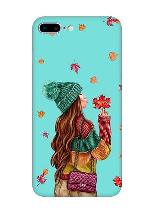 Матовый бирюзовый чехол на iphone 7 plus/8 plus :: девушка с листьями (принт 221)