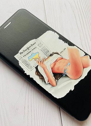 Чехол-книжка с рисунком для xiaomi redmi note 9 pro/9s/9 pro max чёрный :: девушка с газетой (принт 31) 3