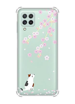 Чехол с утолщёнными углами на samsung galaxy a22 4g/m32/m22 :: котик и сакура (принт 283)