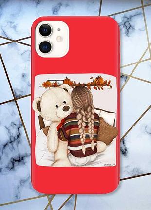 Матовый красный чехол на iphone 11 :: девочка с мишкой (принт 117)