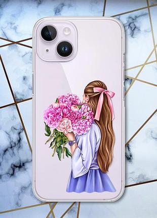Прозорий чохол із захистом камери на iphone 14 рельєфний дизайн дівчина з півоніями принт 11