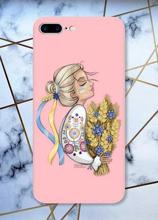 Матовый розовый чехол на iphone 7 plus/8 plus :: украинка с колосьями (принт 173)