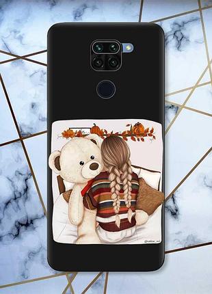 Матовий чорний чохол на xiaomi redmi note 9 дизайн дівчинка з ведмедиком принт 117