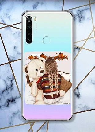 Прозрачный чехол на xiaomi redmi note 8 дизайн девочка с мишкой принт 117